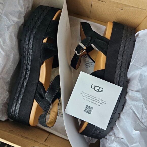 NEW IN BOX UGG NEUSCH BLACK GENUINE LEATHER PLATFORM SANDALS SIZE 9.5 - Picture 11 of 16